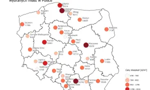 Mapa Polski z zaznaczonymi cenami mieszkań w wybranych miastach. Najwyższe ceny ofertowe w Warszawie i Gdańsku.