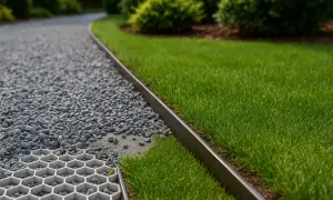 Kruszywo na podjazd, stabilizowane geokratą, oddzielone od trawnika metalową obrzeżem.