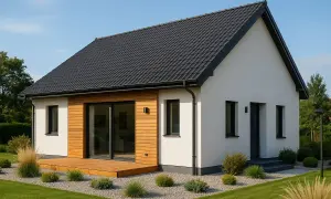 Nowoczesny bungalow z drewnianym tarasem i dużymi przeszkleniami. Elegancka biel elewacji kontrastuje z ciemnym dachem i stolarką okienną.