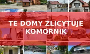 Kolaż zdjęć domów, z napisem "TE DOMY ZLICYTOWUJE KOMORNIK". Okazja dla kupujących.