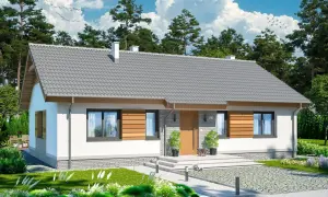 Nowoczesny, biały dom z drewnianymi elementami i szarym dachem. To **dom energooszczędny tani w budowie**, otoczony zielenią.