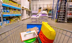 Wózek sklepowy z materiałami budowlanymi w markecie, widok z perspektywy klienta.