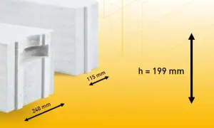 Białe bloczki betonowe z widocznymi wymiarami: 240 mm, 115 mm i wysokość 199 mm.