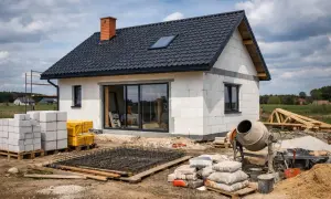 Budowa domu parterowego 80m2 w toku. Materiały budowlane, beton, zbrojenie i betoniera czekają na dalsze prace.