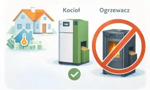 Dom z kotłem na pellet, symbolizujący ulga termomodernizacyjna – przykład rozliczenia. Ogrzewacz z zakazem.