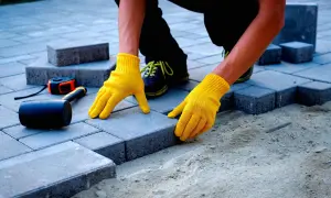 Ręce w żółtych rękawiczkach układają kostkę brukową. Obok leży gumowy młotek i miarka. Sprawdzanie układanie kostki brukowej cena.