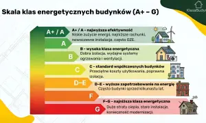 Skala klas energetycznych budynków od A+ do G. Klasa F-G oznacza niską efektywność i konieczność modernizacji.
