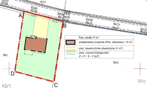Plan działki z zaznaczonym projektowanym budynkiem i legendą, kluczowy dla wniosku o warunki zabudowy.