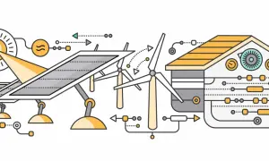 Ilustracja przedstawia schemat działania domu pasywnego: panele słoneczne i turbiny wiatrowe dostarczają energię do inteligentnego budynku.