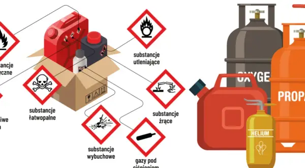 Ilustracja pokazuje zagrożenia chemiczne i materiały łatwopalne, podkreślając znaczenie ochrony przeciwpożarowej.