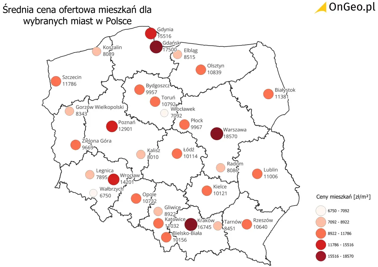Mapa Polski z zaznaczonymi cenami mieszkań w wybranych miastach. Najwyższe ceny ofertowe w Warszawie i Gdańsku.