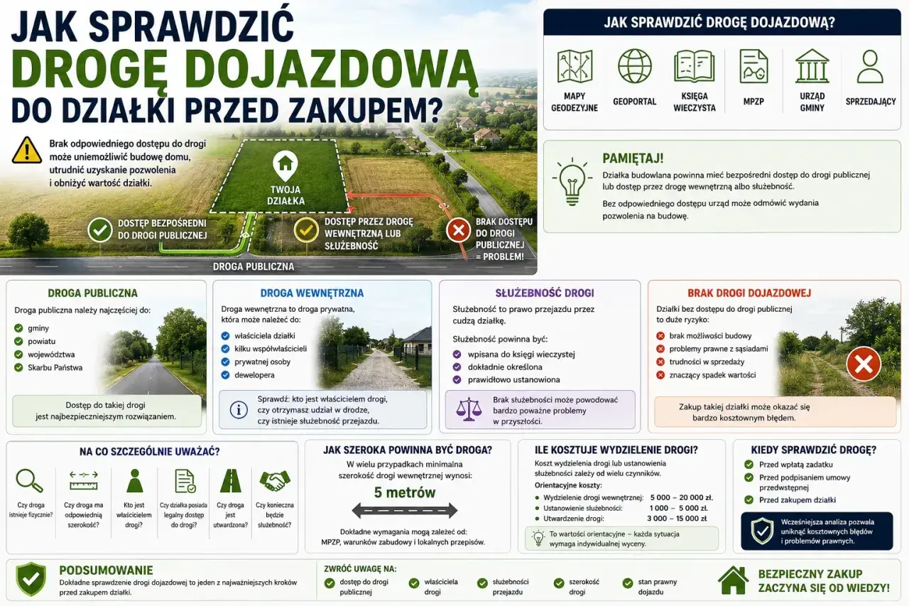 Sprawdź warunki zabudowy i dostęp do drogi publicznej przed zakupem działki, aby uniknąć problemów z budową i spadkiem wartości.