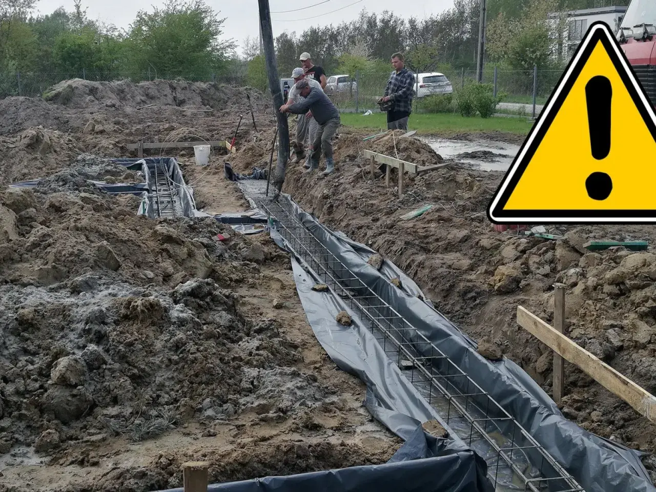 Budowa trwa, wylewane są ławy fundamentowe. Beton płynie z pompy do zbrojenia.