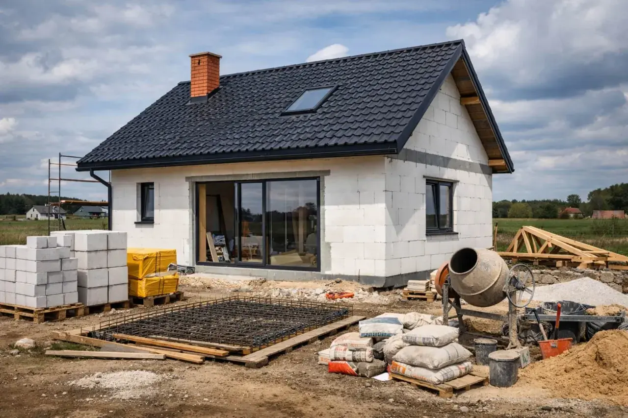 Budowa domu parterowego 80m2 w toku. Materiały budowlane, beton, zbrojenie i betoniera czekają na dalsze prace.