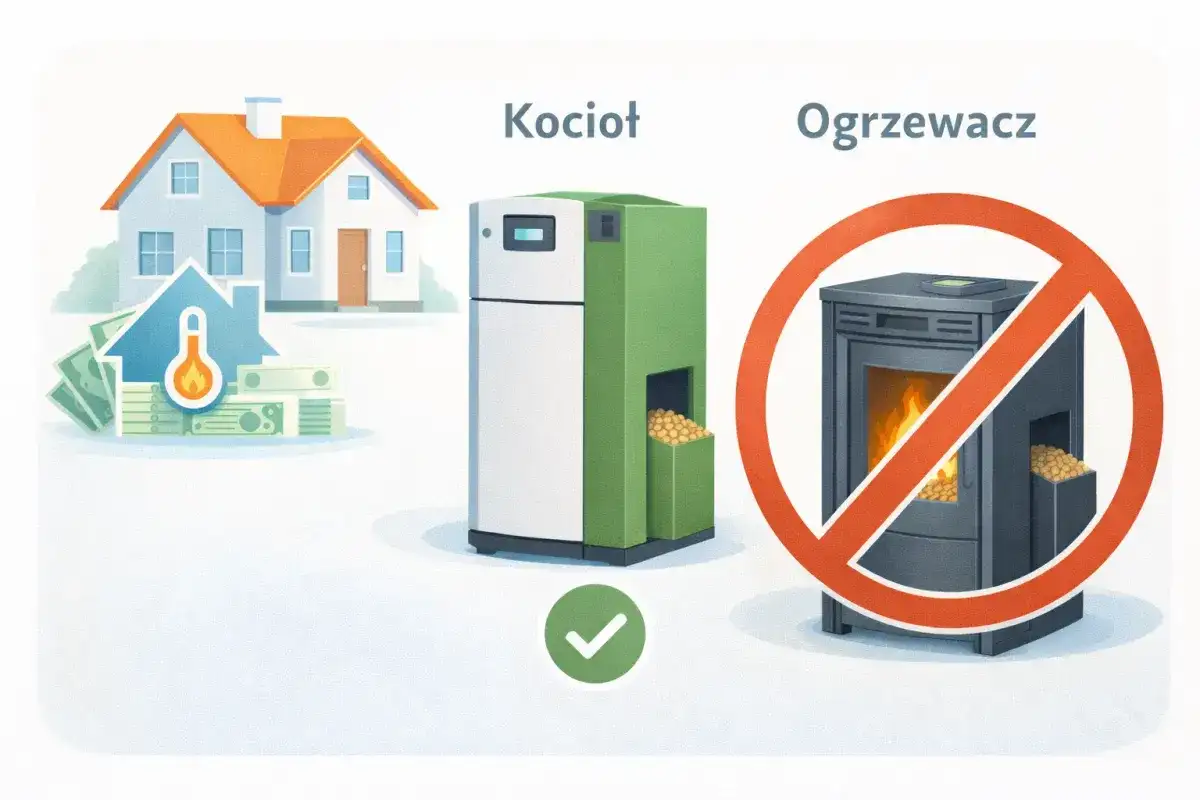 Dom z kotłem na pellet, symbolizujący ulga termomodernizacyjna – przykład rozliczenia. Ogrzewacz z zakazem.