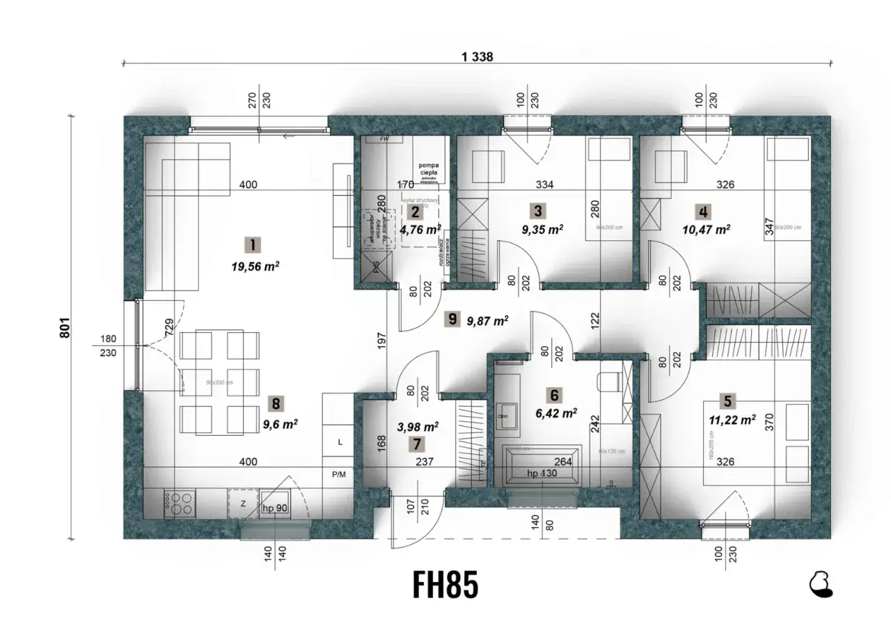 Rzut parteru domu FH85 o powierzchni 80m2. Widoczne salon z aneksem kuchennym, 3 sypialnie, łazienka, garderoba i pomieszczenie techniczne.