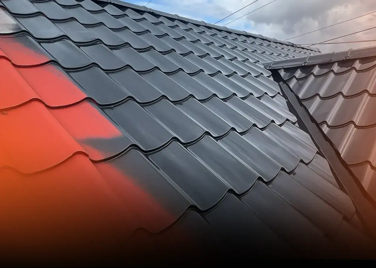 Częściowo pomalowany na czerwono dach z dachówki ceramicznej. Sprawdź, jaka jest malowanie dachu cena i odśwież wygląd swojego domu.