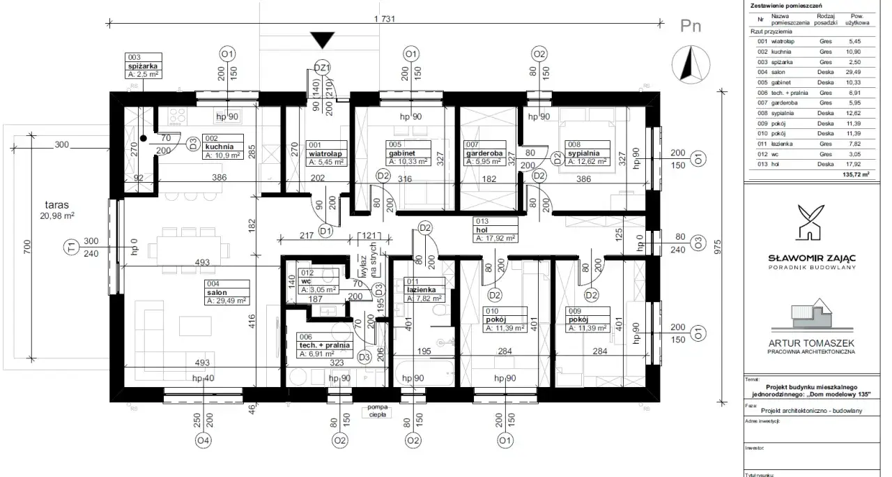 Rzut parteru projektu budowlanego z zaznaczonymi pomieszczeniami: salon, kuchnia, sypialnia, gabinet, łazienka, WC, spiżarka, garderoba, hol, techniczny z pralnią, wiatrołap.