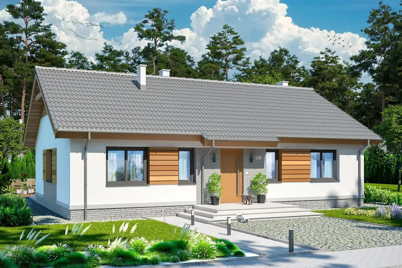 Nowoczesny, parterowy dom z drewnianymi elementami. Idealny przykład projektów domów prostych i tanich w budowie.