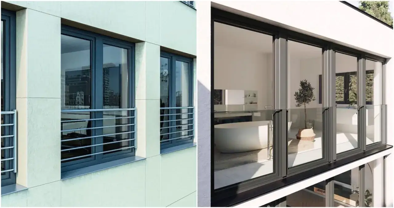 Nowoczesne balkony francuskie z przeszklonymi balustradami i minimalistycznymi balustradami zewnętrznymi.