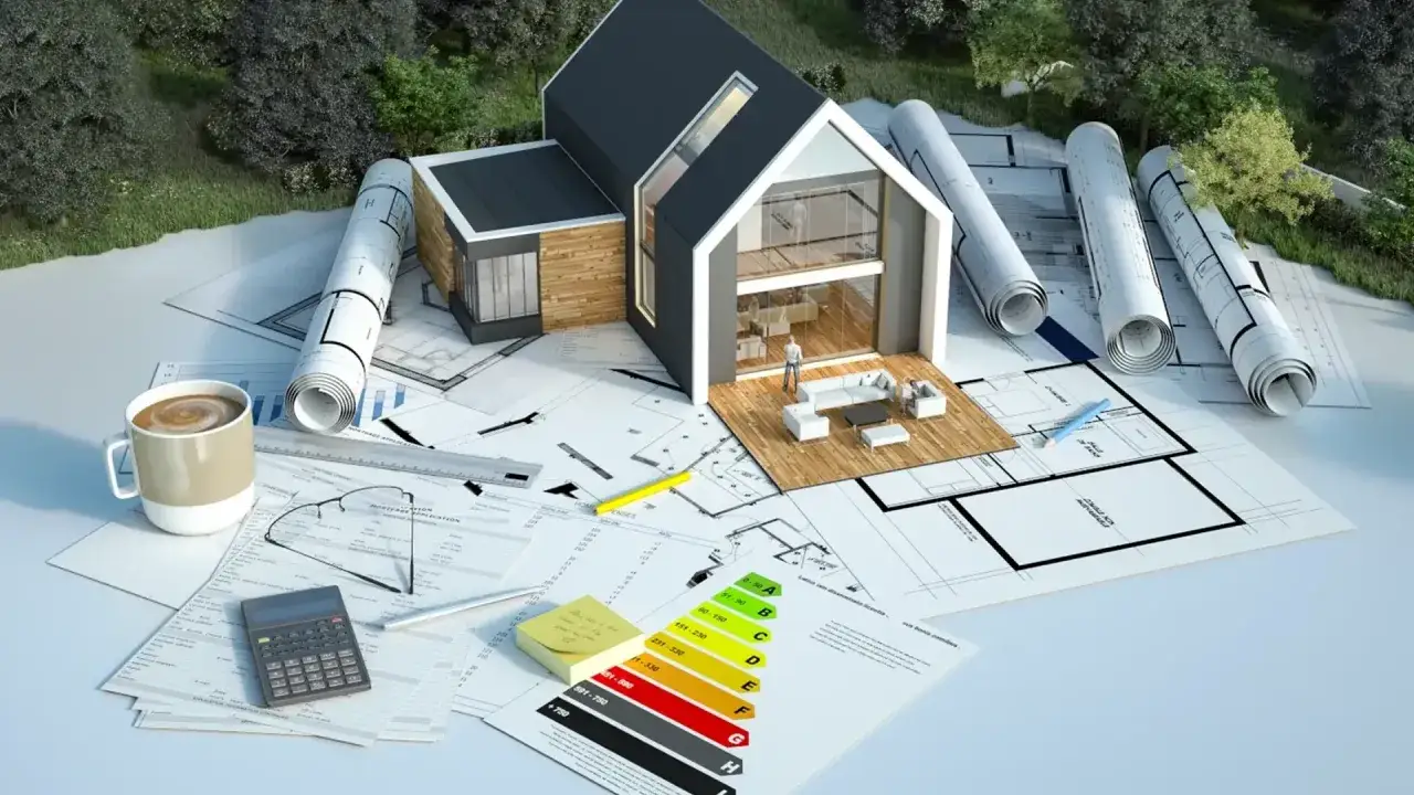 Model domu na planach, kalkulator, dokumenty z klasyfikacją energetyczną i kubek kawy. Przykład rozliczenia ulgi termomodernizacyjnej.