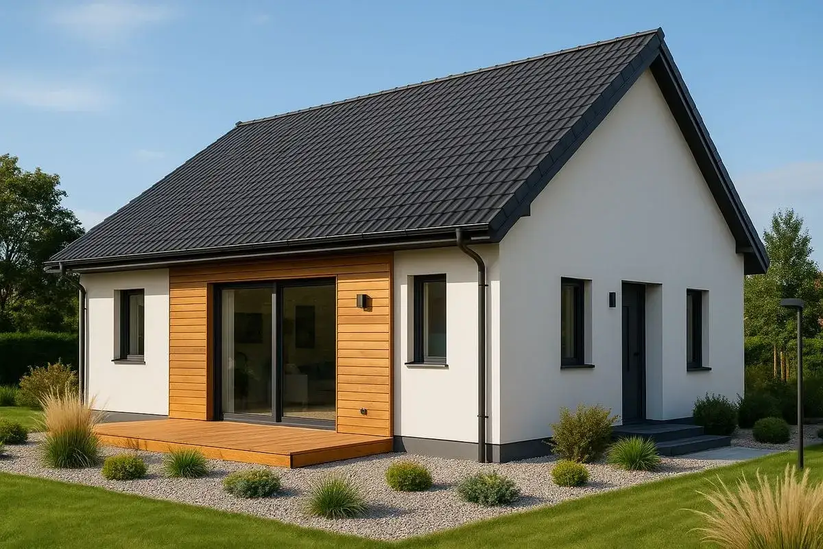 Nowoczesny bungalow z drewnianym tarasem i dużymi przeszkleniami. Elegancka biel elewacji kontrastuje z ciemnym dachem i stolarką okienną.