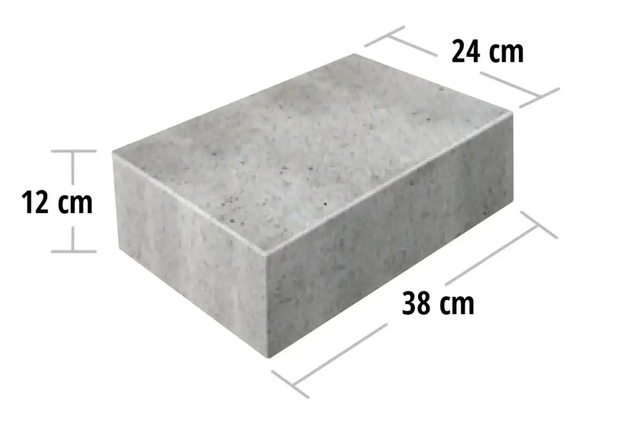 Szary bloczek betonowy o wymiarach 38 cm x 24 cm x 12 cm.