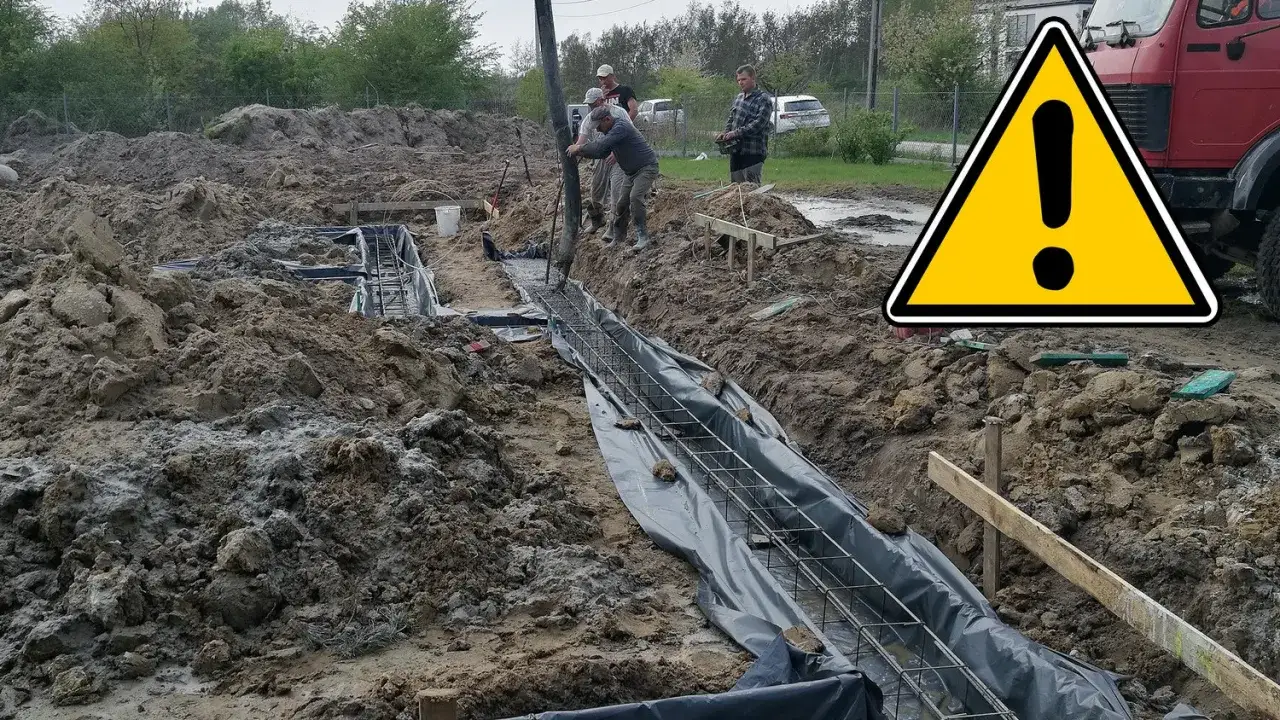 Budowa trwa! Wylewanie betonu na zbrojenie tworzące ławy fundamentowe.