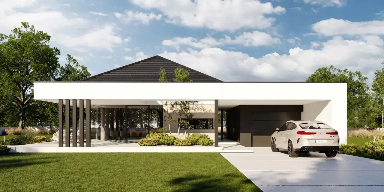 Nowoczesny bungalow z garażem, białymi elementami architektonicznymi i dużymi przeszkleniami. Obok stoi luksusowy samochód.