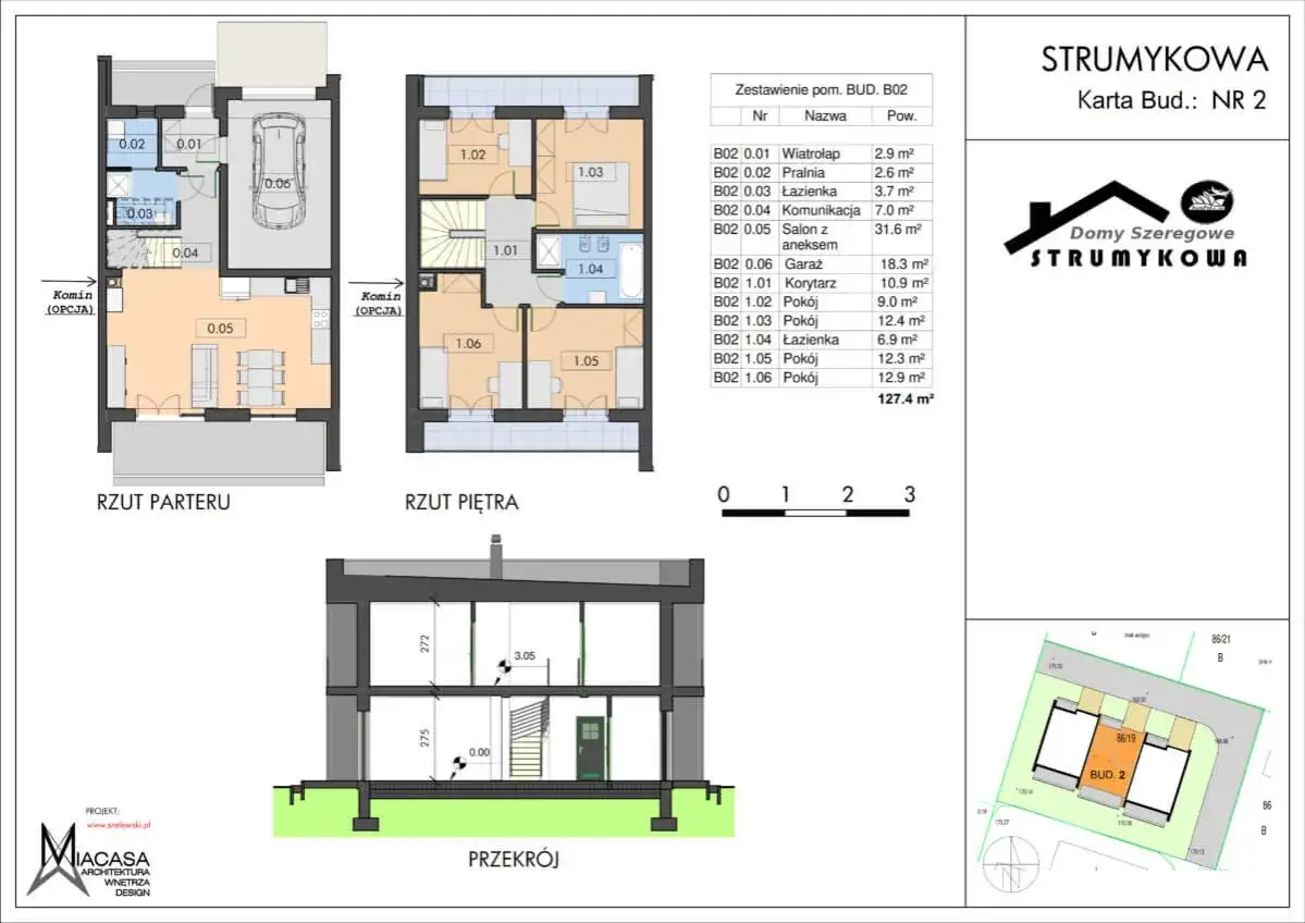 Plan parteru, piętra i przekroju domu szeregowego STRUMYKOWA, budynek B02.