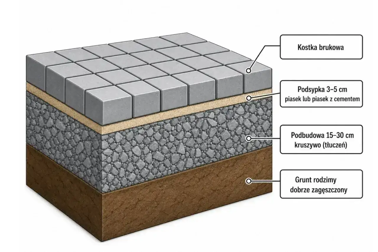 Warstwy podjazdu z kostki brukowej: podbudowa z kruszywa (tłuczeń) zapewnia stabilność, a podsypka piaskowa przygotowuje podłoże.