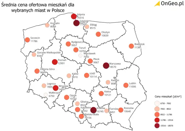Mapa Polski z zaznaczonymi cenami mieszkań w wybranych miastach. Najwyższe ceny ofertowe w Warszawie i Gdańsku.
