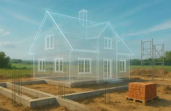 Wirtualny projekt domu piętrowego na placu budowy. Fundamenty, zbrojenie i paleta cegieł wskazują na początek prac, a schemat domu wizualizuje przyszły koszt budowy domu piętrowego.
