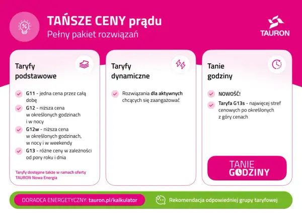 Tauron oferuje taryfy prądu: podstawowe (G11, G12, G12w, G13), dynamiczne i tanie godziny, w tym nowość: taryfa G13s.