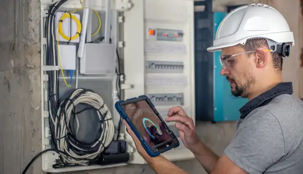 Technik w kasku i okularach ochronnych wykonuje przegląd instalacji elektrycznej, analizując dane na tablecie.