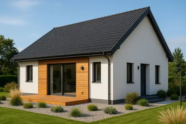 Nowoczesny bungalow z drewnianym tarasem i dużymi przeszkleniami. Elegancka biel elewacji kontrastuje z ciemnym dachem i stolarką okienną.