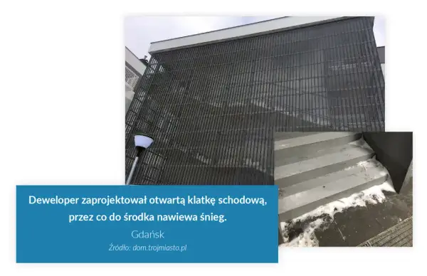 Otwarta klatka schodowa, przez którą nawiewa śnieg. Przykład patodeweloperki w Gdańsku.
