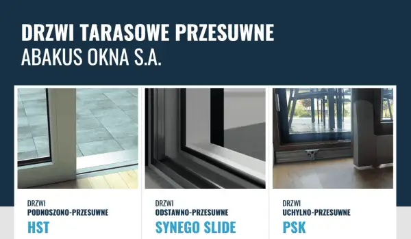 Drzwi tarasowe przesuwne HST, Synego Slide i PSK. Detale mechanizmów i profili okiennych.