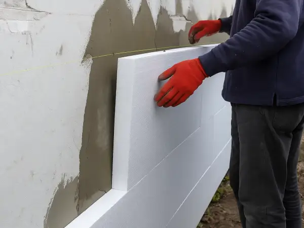 Pracownik w czerwonych rękawicach montuje styropian na ścianie. Poznaj cenę ocieplenia za 1m2 robocizna.
