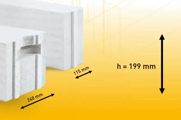 Białe bloczki betonowe z widocznymi wymiarami: 240 mm, 115 mm i wysokość 199 mm.