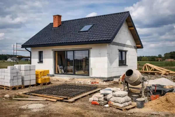 Budowa domu parterowego 80m2 w toku. Materiały budowlane, beton, zbrojenie i betoniera czekają na dalsze prace.