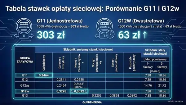 Porównanie taryfy G11 i G12w: G11 kosztuje 303 zł za 1000 kWh, G12w 63 zł. Tabela stawek sieciowych.