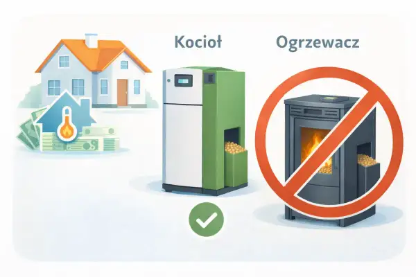 Dom z kotłem na pellet, symbolizujący ulga termomodernizacyjna – przykład rozliczenia. Ogrzewacz z zakazem.
