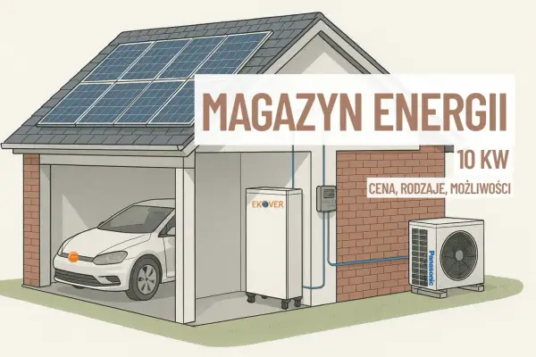 Dom z panelami słonecznymi na dachu, samochód w garażu i magazyn energii elektrycznej.