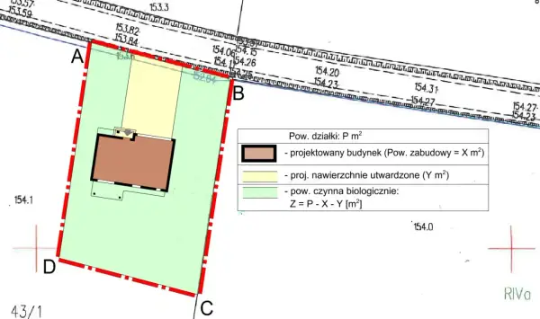 Plan działki z zaznaczonym projektowanym budynkiem i legendą, kluczowy dla wniosku o warunki zabudowy.